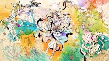 Vocaloid - anime, vocaloid, birds, blonde, sword, kagamine len, long hair, short hair, colorful, kagamine rin, megurine luka, barefoot, friends, pink hair