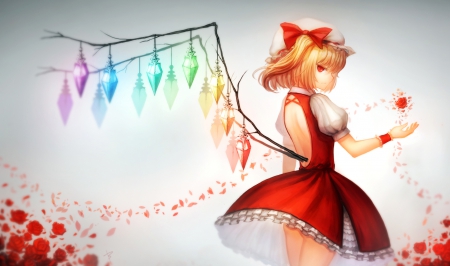 Flandre Scarlet - hat, anime, flandre scarlet, dress, blonde, petals, red eyes, flowers, touhou, wings