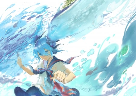 ~Bottle Miku~ - vocaloid, anime, water, bottle miku, blue hair, hatsune miku, fish, blue eyes