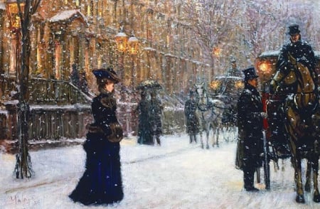 Painting - snow, winter, lady, painting