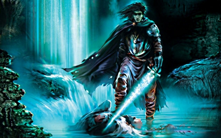 Knight - waterfall, sword, light, blue