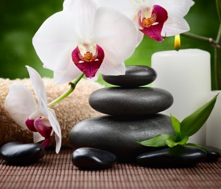 â™¥Relaxing Spaâ™¥ - candle, orchid, stones, flowers, spa, zen