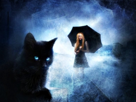 Fantasy - black, halloween, cat, girl, umbrella, blue, witch, fantasy, morbidia morthel, mist, woman