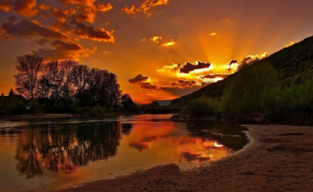 Sunset - river, clouds, mouitains, sunset