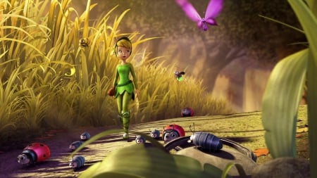 Tinker Bell and the Lost Treasure (2009) - movie, girl, tinker bell and the lost treasure, wings, field, fantasy, ladybug, butterfly, pink, disney, insect, fairy