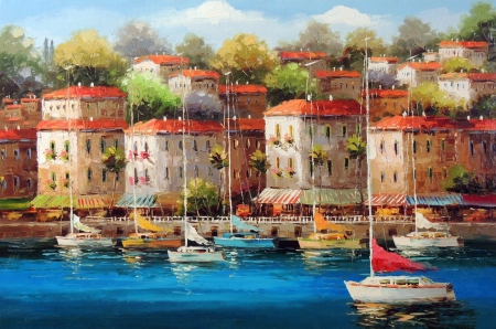 Homes on the Lake - lake, sky, houses, boats, trees, water, painting, nature, red, blue, homes, architecture