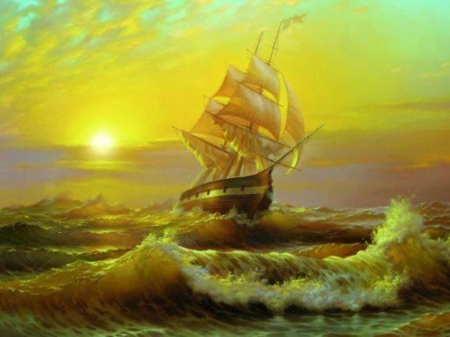 Golden Sunset over the Sea - beautiful, sunset, golden, sea, waves, boat