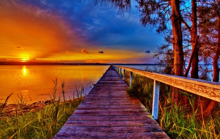 Fiery sunset - sundown, amazing, beach, grass, shore, lake, sky, water, beautiful, sea, dock, tree, pier, dazzling, glow, colorful, river, sunset, rays, fiery