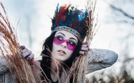 â™¥ - pocahontas, woman, indian, girl, feathers, native, pink, blue