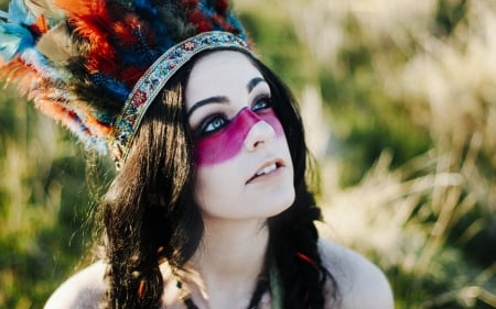 â™¥ - face, red, make-up, pink, indian, feathers, girl, blue, pocahontas, native, woman