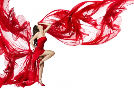 Beauty in red dress - beauty, girl, background, wings, fashion, fabric, heels, model, red dress, pose