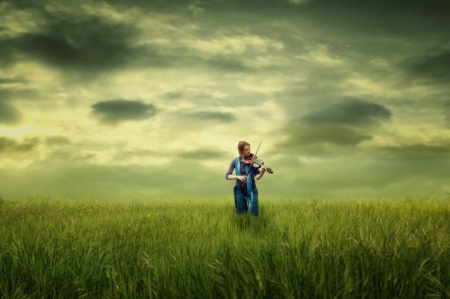 Violin Lady - outdoor nature, beautiful, scenery, music, violin lady, moments, green atmosphere