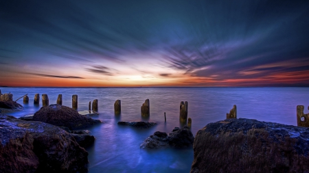 beautiful sky over rocky seashore - pillars, shore, twilight, sea, rocks, sky