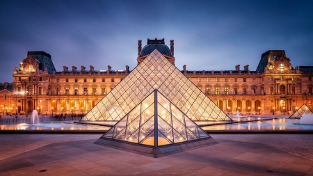 glass pyramids at the louvre museum in paris - modern, evening, pyramisd, lights, museum