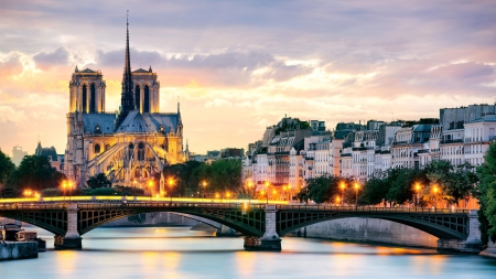 notre dame cathedral above the seine river in paris - river, city, cathedral, bridge, dusk, lights