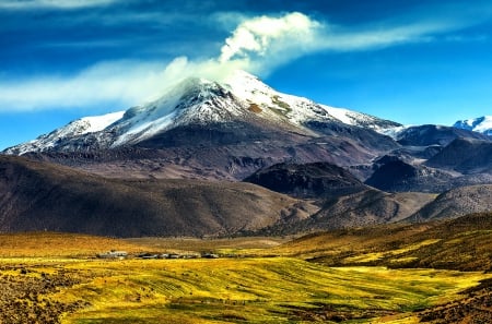 Volcano And Hamlet Guallatire - animals, snowy peaks, mountains, northern chile, volcano, andes, village, beautiful, prairie