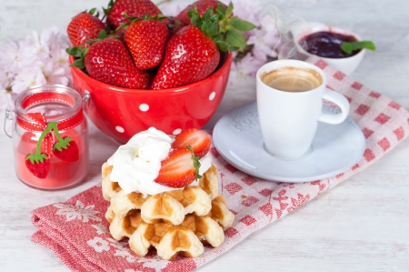 â™¥Strawberry Breakfastâ™¥ - cream, strawberry, coffee, breakfast, waffers