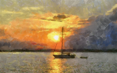 Sunset Over The Lake - boat, sun, lake, sky, reflection, clouds, orange, sunset, nature, painting