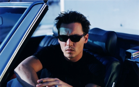 Johnny Depp - black, actor, car, blue, Johnny Depp, sunglasses