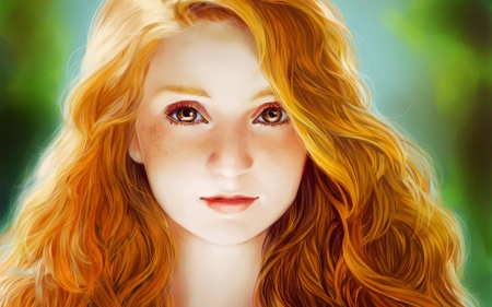 â™¥ - face, portrait, girl, redhead, art, fantasy, orange, woman, green