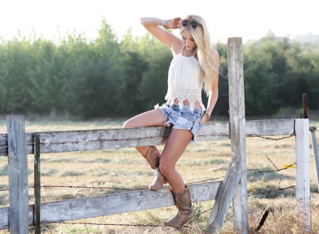 Country Girl - cowgirl, trees, boots, wire, blonde, field, fence, sunglasses