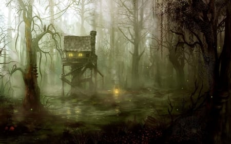 Magical swamp house - water, beautiful, swamp, darkness, fantasy, splendor, house, color, colorful, jungle