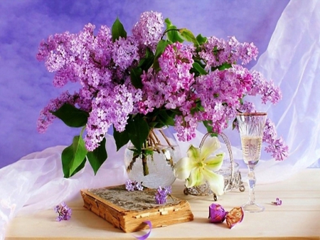 Lilac glory - books, lilacs, flowers, wine