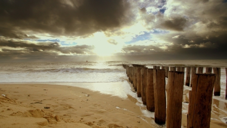 row of wooden pylons on a beach - clouds, beach, pylons, wood, sea