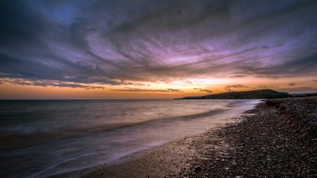 marvelous pebble beach at dusk - sky, dusk, pebbles, beach, sea