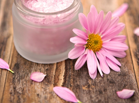 With Love - spa, pink petals, daisy, with love, flower, petals, flowers, daisies, wooden, nature