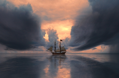 Dark sky - nature, sky, ship, ocean, clouds