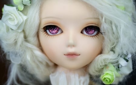 â™¥ - doll, face, flower, pink, girl, white, toy, eye, amethyst