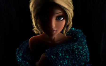 Rapunzel - doll, rapunzel, black, big eyes, blonde, girl, blue, toy, fantasy, golden hair, 3d, glitter, woman