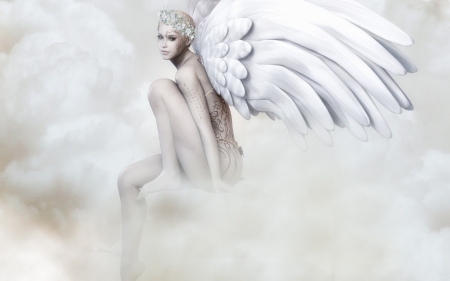 Angel - cloud, feather, white, sky, fantasy, girl, woman, angel