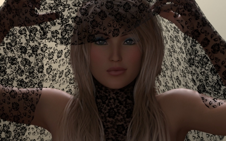 Fantasy girl - woman, rendering, veil, girl, black, fantasy, blonde