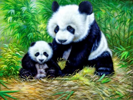 Mother and child - love, adorable, bear, mother, child, painting, art, forest, beautiful, family, panda, sweet, bamboo, cute