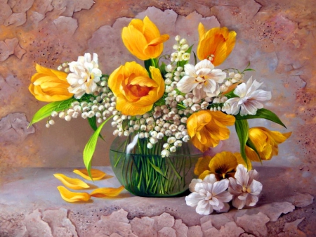 Still life - pretty, leaves, flowers, elegance, nice, art, vase, delicate, beautiful, lovely, freshness, still life, bouquet, harmony, colorful, tulips, painting, lily of the valley