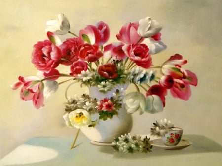 Still life - pretty, vase, delicate, beautiful, lovely, petals, still life, leaves, harmony, flowers, colorful, elegance, painting, nice, art