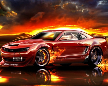 Hot Camaro - sky, car, fiery, artwork, red