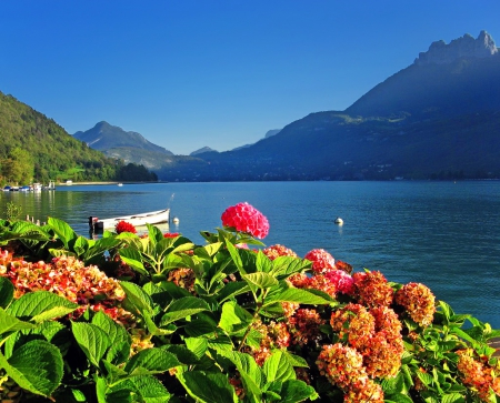 Lake Annecy, France - pretty, France, summer, lakescape, blue, beautiful, boat, flowers, shore, nature, Annecy, lake, mountains, sky