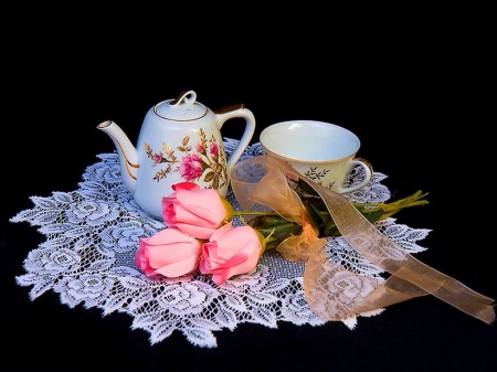 Still Life - roses, arrangement, teapot, pink, cup