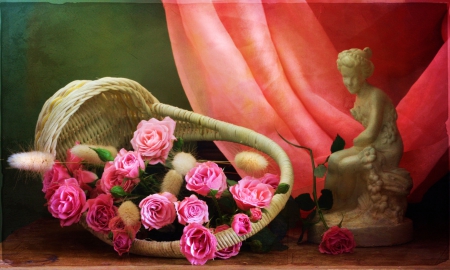 Still Life - basket, roses, statue, pink