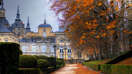 beautiful palace in autumn - autumn, trees, steeples, garden, path, palace