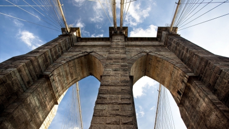 skyward view of brooklyn bridge tower - clouds, tower, sky, bridge, cables