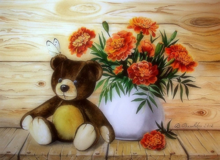 ✼Teddy Bear & Marigolds✼ - pretty, artworks, summer, gifts, attractions in dreams, creative pre-made, butterflies, flowers, teddy bear, seasons, most downloaded, abstract, softness beauty, paintings, weird things people wear, colors, lovely, still life, vases, watercolor, love four seasons