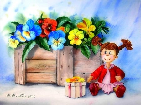 â˜…A Doll with a Giftâ˜… - watercolor, still life, creative pre-made, pretty, softness beauty, paintings, gifts, butterflies, artworks, summer, lovely, doll, love four seasons, abstract, woonden crates, weird things people wear, seasons, flowers, colors