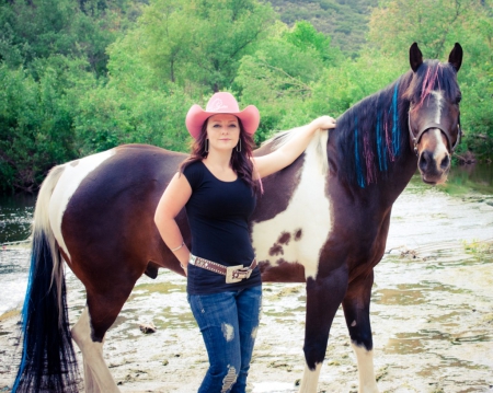 Cowgirl and Her Horse - belt, horse, trees, hat, cowgirl, water, brunette, creek