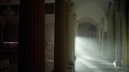 Hallway in white light - entrance, arch, pillars, beam, light, hallway, checkered floor