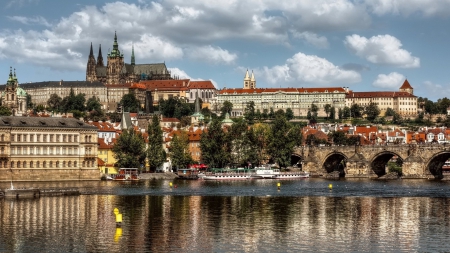 majestic buildings in prague - cathedral, hill, river, city, bridge