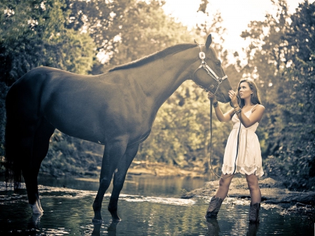 Cowgirl and Her Friend - horse, trees, cowgirl, water, boots, brunette, dress, creek